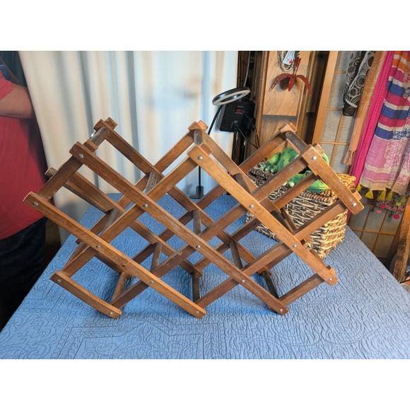 Other - Wooden Accordion Wine Rack Collapsible 10 Bottle Holder Mid Century Vintage